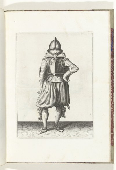 Cvičení Štít a bodec: Voják stojící v klidu se štítem na zádech (č. 27), 1618 Nassausche Wapen-Handelinge, van Schilt, Spies, Rappier a Targe: vyobrazeny beyde figuerlick a zarámované podle nového řádu [z] (...) Maurits v. od Adam van Breen