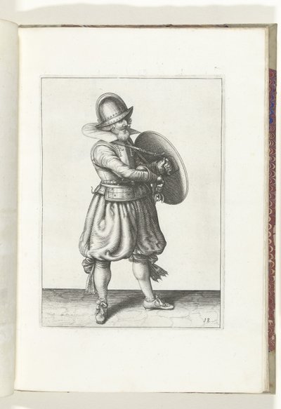 Cvičení The Shield and Spike: The Soldier Draws His Rapier from Behed his Shield (č. 18), 1618 Nassausche Wapen-Handelinge, van Schilt, Spies, Rappier a Targe: vyobrazeny beyde figuerlick a zarámované podle nového řádu [z] (...) Maurits v. od Adam van Breen