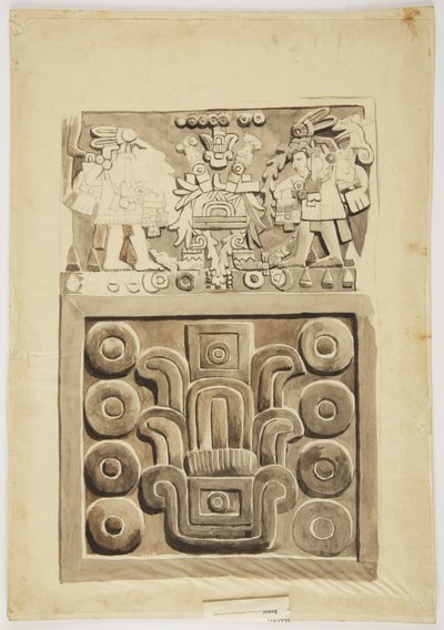 Nahoře je kamenný reliéf z Mexico City, dvě postavy válečníků čelem k centrálnímu zdobenému „stolu“ (akvarel) od Adela Breton
