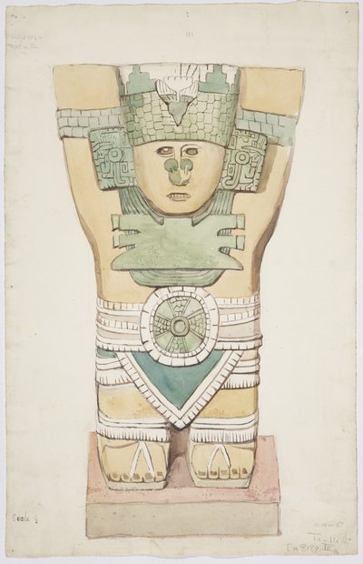Caryatid III, vnější komora, Horní chrám Jaguárů (Chrám A), Chichen Itzá, Mexiko (akvarel) od Adela Breton