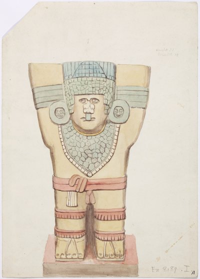 Caryatid I, vnější komora, Horní chrám Jaguárů (Chrám A), Chichen Itzá, Mexiko (akvarel) od Adela Breton