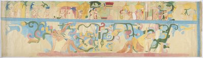 Kopie nástěnné malby z jihozápadní stěny, Horní chrám jaguárů, Chichen Itzá, Mexiko (akvarel a tělová barva) od Adela Breton