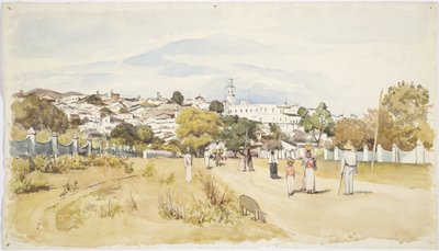 Muži, ženy a děti kráčející po silnici s vesnicí v pozadí, Jalapa (Xalapa) Veracruz, Mexiko (akvarel) od Adela Breton