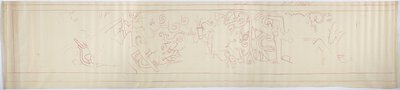 Obrys nástěnné malby ze západní stěny, Horní chrám jaguárů, Chichen Itzá, Mexiko (červený inkoust a   grafit) od Adela Breton
