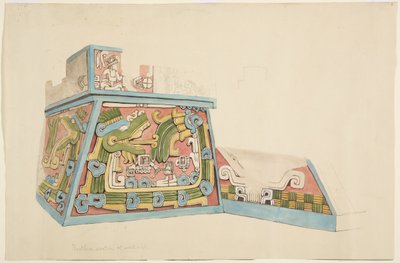 Malba kamenného reliéfu z Xochicalco, Mexiko Severní konec západní strany spodní terasy Akvarel (akvarel) od Adela Breton