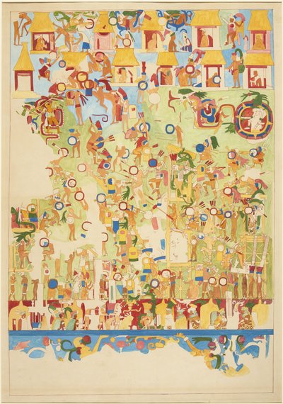 Čtvrtletní kopie nástěnné malby z jižní stěny Horního chrámu jaguárů, Chichen Itzá, Mexiko (akvarel) od Adela Breton