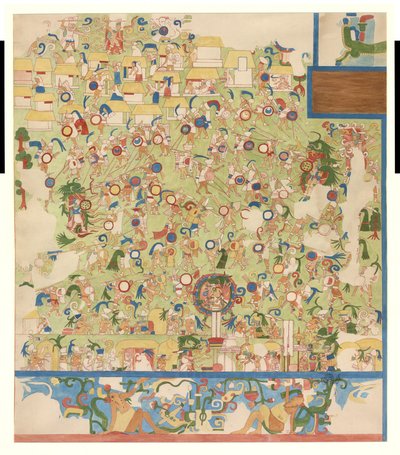 Čtvrtletní kopie nástěnné malby z jižního konce západní stěny, Horní chrám jaguárů, Chichen Itzá, Mexiko (akvarel) od Adela Breton