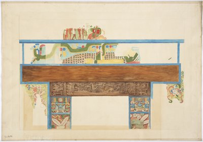 Čtvrtletní kopie nástěnné malby západní stěna, Horní chrám jaguárů, Chichen Itza, Mexiko (akvarel, tělová barva, grafit) od Adela Breton