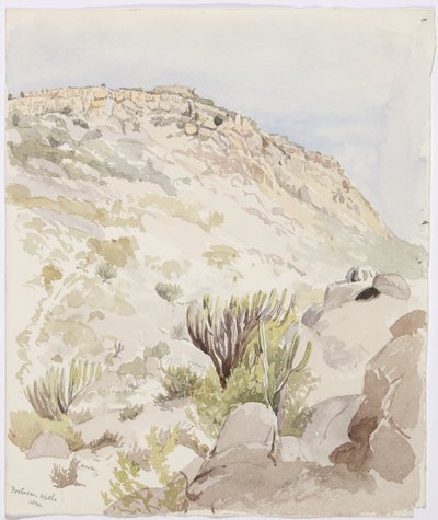 Zbytky zdí pevnosti na vrcholu kopce v Mitla, Oaxaca (akvarel) od Adela Breton