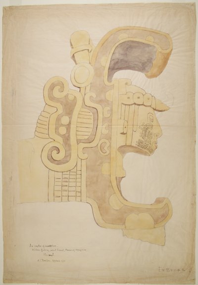 Ruiny/kamenné reliéfy v chrámu v Uxmal, Mexiko Vyřezávaná hlava, vysoce zdobená (akvarel) od Adela Breton