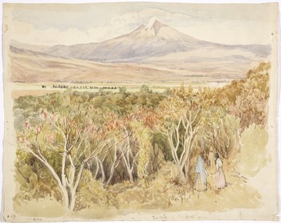 Sopka Popocatépetl z Yautepec, stát Morelos, Mexiko (akvarel a grafit) od Adela Breton