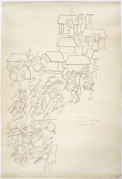 Trasování nástěnné malby ze Západní zdi, Horního chrámu jaguárů, Chichen Itza, Mexiko Trasování je inkoustem (černý inkoust a grafit) od Adela Breton