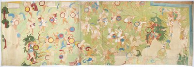 Trasování nástěnné malby z jihozápadní stěny, Horní chrám jaguárů, Chichen Itza Chichen Itza, Mexiko (akvarel, tělová barva, grafit) od Adela Breton
