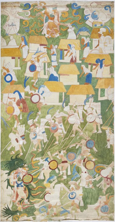 Trasování nástěnné malby z jižního panelu západní stěny, Horní chrám jaguárů, Chichen Itza, Mexiko (akvarel a grafit) od Adela Breton