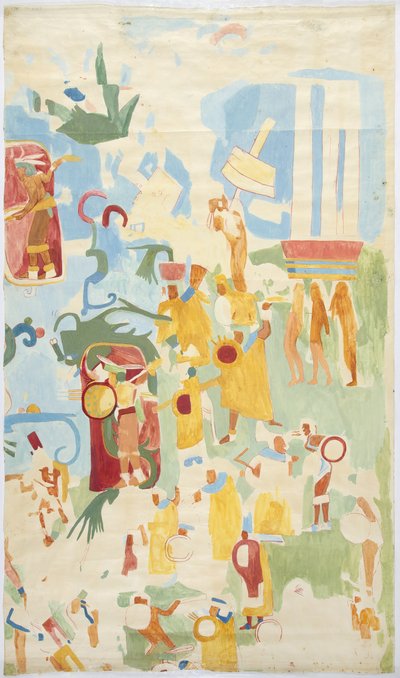 Trasování nástěnné malby Severní stěna vnitřní komory, Horní chrám jaguárů (Maudsleyho chrám AT), Chichen Itza, Mexiko (akvarel a barva těla) od Adela Breton