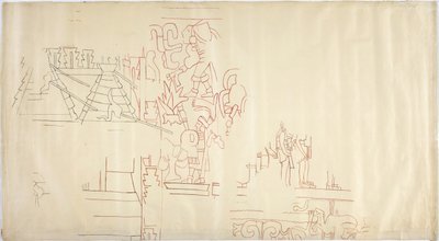 Obkreslování nástěnné malby z Casa de Monjas, Chichen Itza, Mexiko Obkresleno a napuštěno černým a červeným inkoustem (červený a černý inkoust a grafit) od Adela Breton