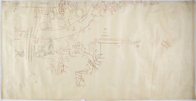 Trasování nástěnné malby z Casa de Monjas, Chichen Itza, Mexiko Vault ve velké komoře (červený, černý a hnědý inkoust a grafit) od Adela Breton