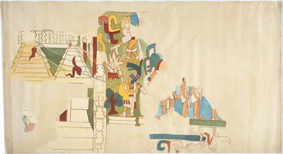 Trasa nástěnné malby z Casa de Monjas, Chichen Itza, Mexiko Znázorňuje klenbu ve velké komoře Trasování černě napuštěné inkoustem a malované akvarelem Obrys severní poloviny nástěnné malby v plném měřítku (akvarel, tělová barva, grafit) od Adela Breton