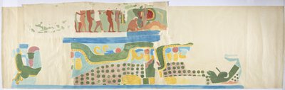 Trasování nástěnné malby ze dveří, Horní chrám Jaguárů, Chichén Itzá, Mexiko (akvarel, tělová barva, grafit) od Adela Breton
