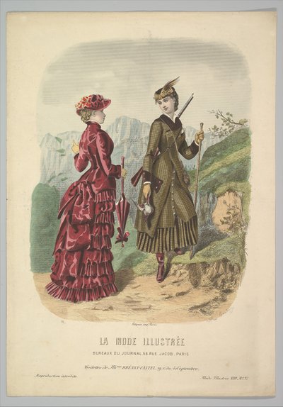Dáma v loveckém kostýmu s dámou v vycházkovém kostýmu na horské stezce z La Mode..., 1881. od Adèle Anaïs Colin
