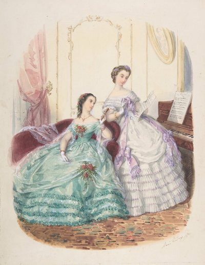 Módní studie: Dvě ženy ve večerních šatech, ca. 1860. od Adèle Anaïs Colin