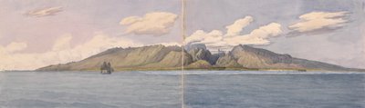 "Tahiti [Společenské ostrovy]. Úžina Fautaua - hora Crown nebo Diademe ve středu ostrova a město Papeiti, 24. srpna 1849". od Admiral Sir Edward Gennys Fanshawe