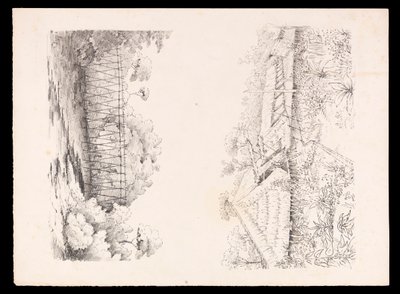 Vesnice kmene Stangů, Sarawak, Borneo; a most z kůlů přes řeku ze Západní Indie, Severní Ameriky a Bornea, cca 1845 (litografie) od Admiral Sir Edward Gennys Fanshawe