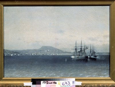 Rusko-turecká (ruskoturecká) válka 1877-1878: "Město Theodosia (nebo Feodosija) na Krymu bombardováno tureckou flotilou v roce 1878"" (Turecká flotila bombardovala město Feodosija v roce 1878) Obraz Adolf Fessler (1826-1885) 1878 Stát Treťjakov G od Adolf Fessler