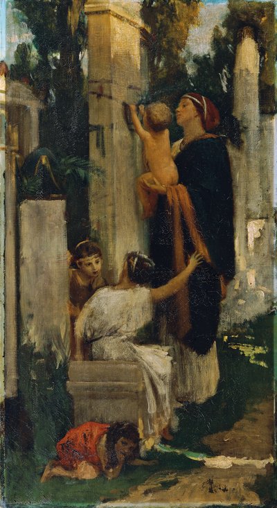 Scéna ze starého hřbitova (žena s dětmi zdobí hrob) od Adolf Hiremy Hirschl