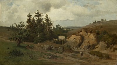Krajina s dřevěným mostem - Krajina s dřevěným mostem - Adolf Kosarek (1830-1859). olej na plátně od Adolf Kosárek