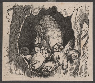 Sova s mláďaty, asi 1890 (rychlotisk) od Adolf Oberländer