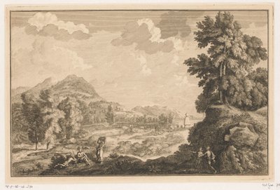 Krajina Arcadian River s pastýři a ženou s košem na prádlo Italské a německé krajiny (název série) od Adolf van der Laan