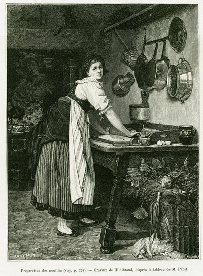 Příprava nudlí. Rytina od Hildibranda k ilustraci příběhu A Through Alsace and Lorraine, v roce 1887, Charles Grad, německý zástupce, v tour du monde 1888, režie Edouard Charton (1807-1890), Hachette, Paris. od Adolf von Hildebrand