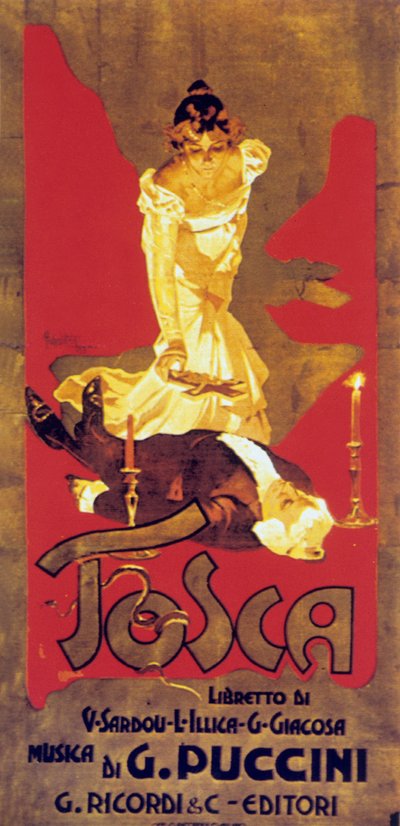 Obálka Adolfa Hohensteina k partituře opery Tosca Giacoma Pucciniho od Adolfo Hohenstein