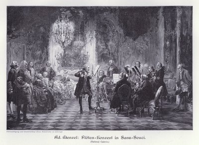 Flétnový koncert v paláci Sanssouci, Postupim, Prusko (rytina) od Adolph Friedrich Erdmann von (after) Menzel