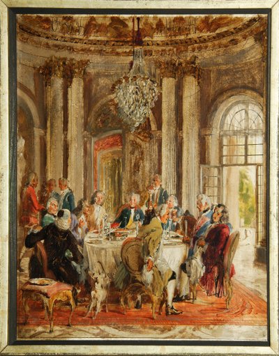 Kulatý stůl Fridricha II. Pruského (1712-1786) s Voltairem (Francois-Marie (Francois Marie) Arouet de Voltaire (1694-1778) a Christophem Ludwigem von Stille (1696-1752) v paláci Sanssouci - von Friedrich von Sketch od Adolpha Menzel (1815-1905), olej od Adolph Menzel
