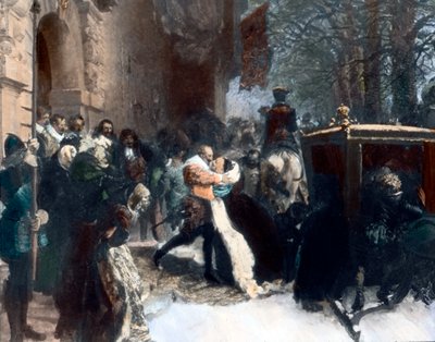 Švédský král Gustav Adolf vítá svou manželku Marii Eleonoru Braniborskou (obraz) od Adolph Friedrich Erdmann von Menzel