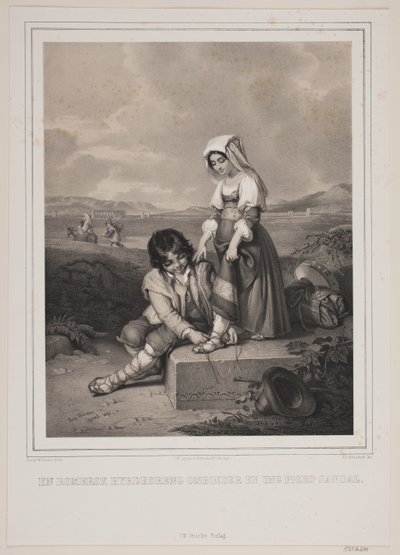 Chlapec římského ovčáka zavazuje mladé dívce sandál. od Johan Adolph Kittendorff