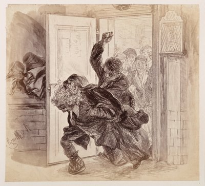 Adam, zbitý Ruprechtem, vyběhne ze soudní síně, zatímco Eva a ostatní to sledují v pozadí – podle Heinricha von Kleista „Rozbitý džbán“ od Adolph Menzel
