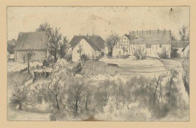 Pohled na stodoly a selské domy, v popředí nízké stromy a křoviny od Adolph Menzel