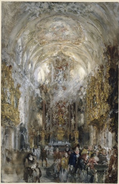 Pohled do kolegiátního kostela Panny Marie u Staré kaple v Řezně, vpravo vpředu osoby u kropenky od Adolph Menzel
