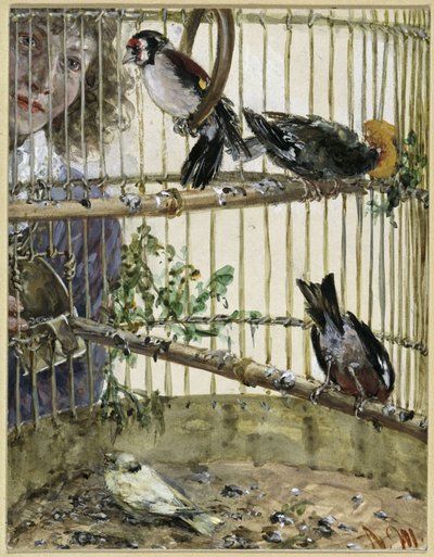 Stehlíci a kanárek v knize „Bauer“. Z „Dětského alba“ od Adolph Menzel