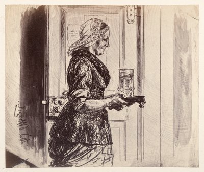 Služka vstupuje do soudní síně se sklenicí vody, kterou si objednal Adam, z díla Heinricha von Kleista „Rozbitý džbán“ od Adolph Menzel