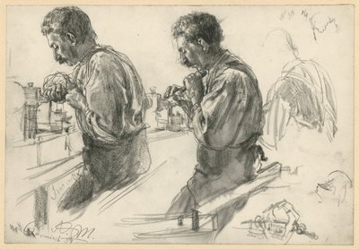 Struhař u pracovního stolu, dvě studie a detaily od Adolph Menzel