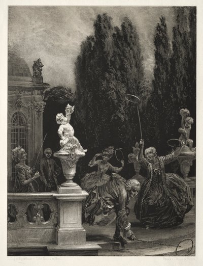 Esej o kameni se štětcem a škrabkou: Hraní na obruče na hradní terase, 1851. od Adolph Menzel