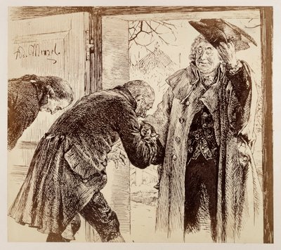 Soudce Walter vstoupí zprava ke dveřím, přátelsky zvedá klobouk, Adam a Licht ho pokorně vítají, k dílu Heinricha von Kleista „Rozbitý džbán“ od Adolph Menzel
