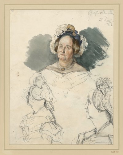 Hraběnka Alvenslebenová, rozená von der Osten-Sackenová. Mezi nimi dva portréty zepředu. Studie k obrazu „Korunovace Viléma I. v Königsbergu“ od Adolph Menzel
