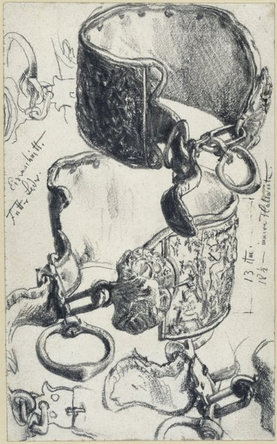 Psí obojek pro „Saupackera“ ze 17. století ve dvou pohledech a detailních studiích, Historické muzeum, Drážďany od Adolph Menzel