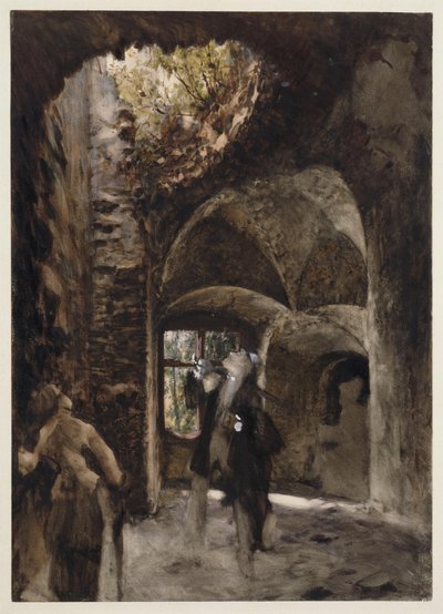 V ruinách stojí pán a dáma na schodišťovém podestě a vzhlížejí k velké díře v klenbě od Adolph Menzel