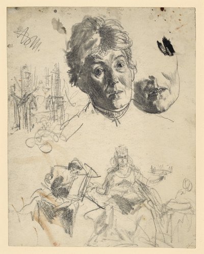 Hlava starší ženy s opakujícím se motivem brady, architektonická skica, figurální skica k alegorii od Adolph Menzel